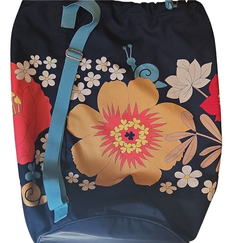 Navy Multicolor Floral Drawstring Large Duffle Bag Detachable Adjustable Strap
